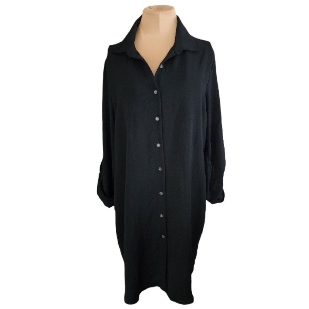 Lexington Avenue Black Button Down Shirt Dress Tunic Large Roll Tab Sleeves - Picture 2 of 7